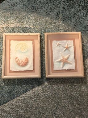 Set of Two Signed Wess Vintage Rare Shell &Starfish Pressed Paper Framed Prints